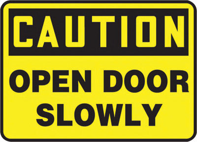 Accuform Signs¬Æ 7" X 10" Black And Yellow 0.040" Aluminum Admittance And Exit Sign "CAUTION OPEN DOOR SLOWLY" With Round Corner