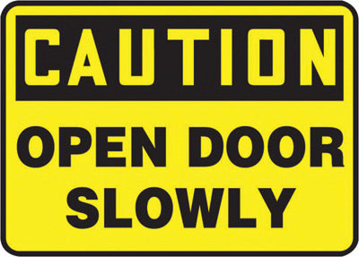 Accuform Signs¬Æ 7" X 10" Black And Yellow 0.055" Plastic Admittance And Exit Sign "CAUTION OPEN DOOR SLOWLY" With 3/16" Mounting Hole And Round Corner