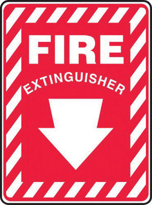 Accuform Signs¬Æ 10" X 7" White And Red 0.040" Aluminum Extinguisher Sign "FIRE EXTINGUISHER (With Down Arrow)" With Round Corner