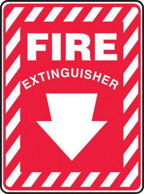 Accuform Signs¬Æ 10" X 7" White And Red 4 mils Adhesive Vinyl Fire Extinguisher Sign "FIRE EXTINGUISHER (With Down Arrow)"