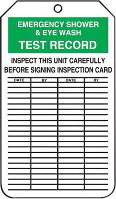 Accuform Signs¬Æ 5 3/4" X 3 1/4" Black, Green And White 10 mil PF-Cardstock English Equipment Status Tag "EMERGENCY SHOWER & EYEWASH TEST RECORD INSPECT THIS UNIT CAREFULLY BEFORE SIGNING INSPECTION CARD" With 3/8" Plain Hole (25 Per Pack)