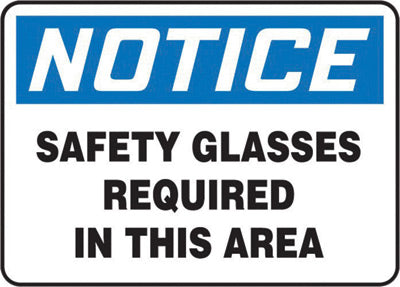 Accuform Signs¬Æ 7" X 10" Black, Blue And White 0.055" Plastic PPE Sign "NOTICE SAFETY GLASSES REQUIRED IN THIS AREA" With 3/16" Mounting Hole And Round Corner
