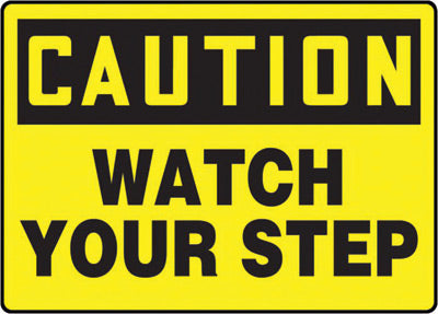 Accuform Signs¬Æ 7" X 10" Black And Yellow 0.040" Aluminum Fall Arrest Sign "CAUTION WATCH YOUR STEP" With Round Corner