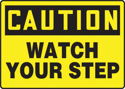 Accuform Signs¬Æ 10" X 14" Black And Yellow 0.040" Aluminum Fall Arrest Sign "CAUTION WATCH YOUR STEP" With Round Corner