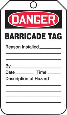 Accuform Signs¬Æ 5 3/4" X 3 1/4" Red, Black And White 10 mil PF-Cardstock English Tag "DANGER BARRICADE TAG" With 3/8" Plain Hole (25 Per Pack)