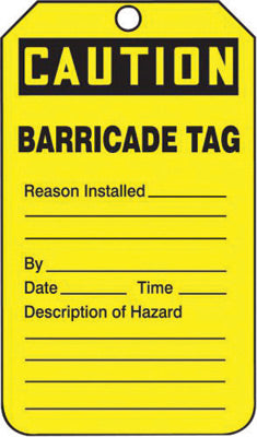Accuform Signs¬Æ 5 3/4" X 3 1/4" Black And Yellow 10 mil PF-Cardstock English Tag "CAUTION BARRICADE TAG" With 3/8" Plain Hole (25 Per Pack)
