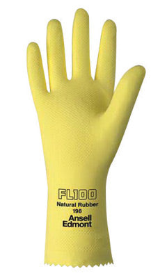 Ansell Size 8 Lemon Yellow FL100 12" Cotton Flock Lined 17 mil Unsupported Natural Rubber Latex Chemical Resistant Gloves With Fishscale Grip Finish And Pinked Cuff