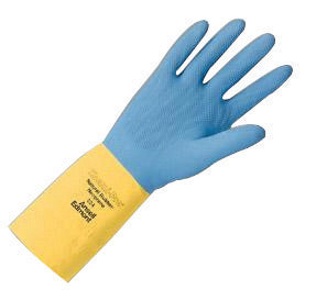 Ansell Size 7 Blue Over Yellow Chemi-Pro¬Æ 13" Cotton Flock Lined 27 mil Unsupported Neoprene Natural Rubber Latex Heavy Duty Chemical Resistant Gloves With Recessed Diamond Embossed Finish And Pinked Cuff