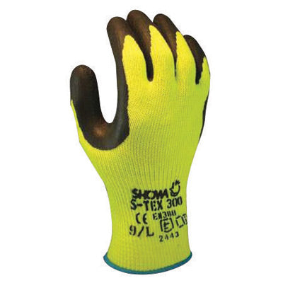 SHOWA‚Ñ¢ Size 8 S-TEX¬Æ 300 10 Gauge Cut Resistant Black Natural Rubber Palm Coated Work Gloves With Hi-Viz Yellow Seamless Hagane Coil¬Æ Liner And Knit Wrist