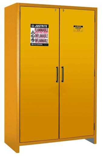 Justrite¬Æ 45 Gallon Yellow Steel EN Fammable Safety Cabinet With (3) Adjustable Shelves And (2) Self-Closing Doors