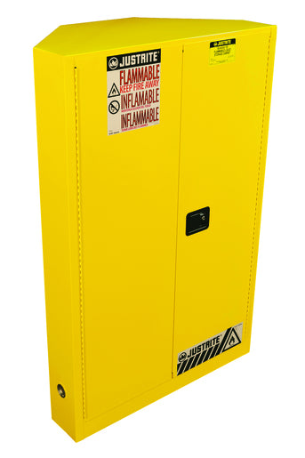 Justrite¬Æ 45 Gallon Yellow Sure-Grip¬Æ EX 18 Gauge Cold Rolled Steel Corner Safety Cabinet For Flammables With (2) Adjustable Shelves And (2) Manual Close Door