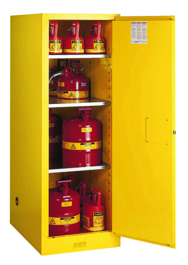 Justrite¬Æ 55 Gallon Yellow Sure-Grip¬Æ EX 18 Gauge Cold Rolled Steel Deep Slimline Safety Cabinet With (1) Self-Closing Door And (3) Shelves (For Flammables)