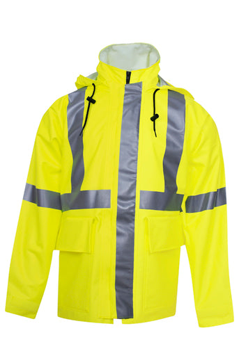 National Safety Apparel 3X Hi-Viz Yellow 30" ARC H2O‚Ñ¢ FR Polyurethane And Cotton Rain Jacket With Front Zipper And  Snap Closure And 2" Reflective Trim