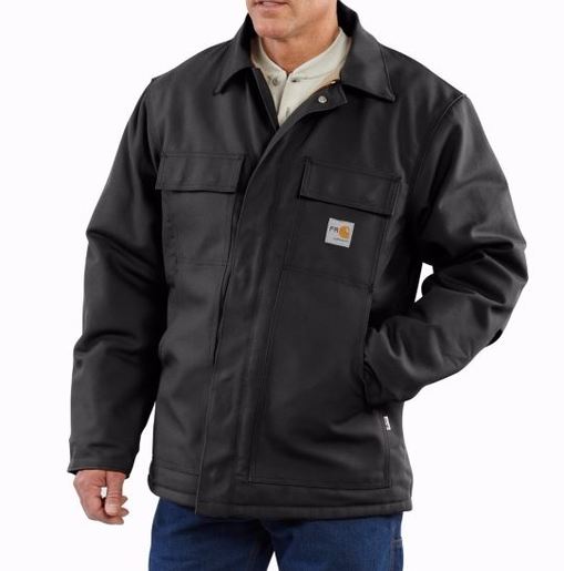Carhartt Medium/Regular Black Cotton/Duck Flame-Resistant Coat With Insulated Lining And Zipper Closure And Under-Collar Snaps For Optional Fr Hood