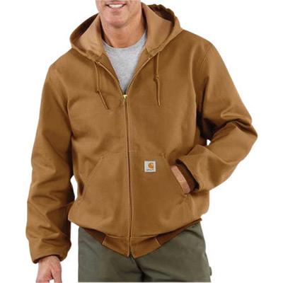 Carhartt¨ Large Tall Brown Polyester Thermal Lined 12 Ounce Heavy Weight Cotton Duck Active Jacket With Front Zipper Closure Triple-Stitched Seams (2) Large Hand-Warmer Pockets, (2) Inside Pockets And Attached Hood