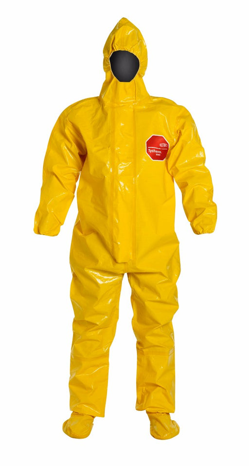DuPont‚Ñ¢ 2X Yellow SafeSPEC‚Ñ¢ 2.0 18 mil Tychem¬Æ BR Chemical Protection Coveralls With Taped Seams, Adhesive Storm Flap Over Front Zipper Closure, Respirator Fit Hood, Elastic Wrist, Attached Socks, And Outer Boot Flaps