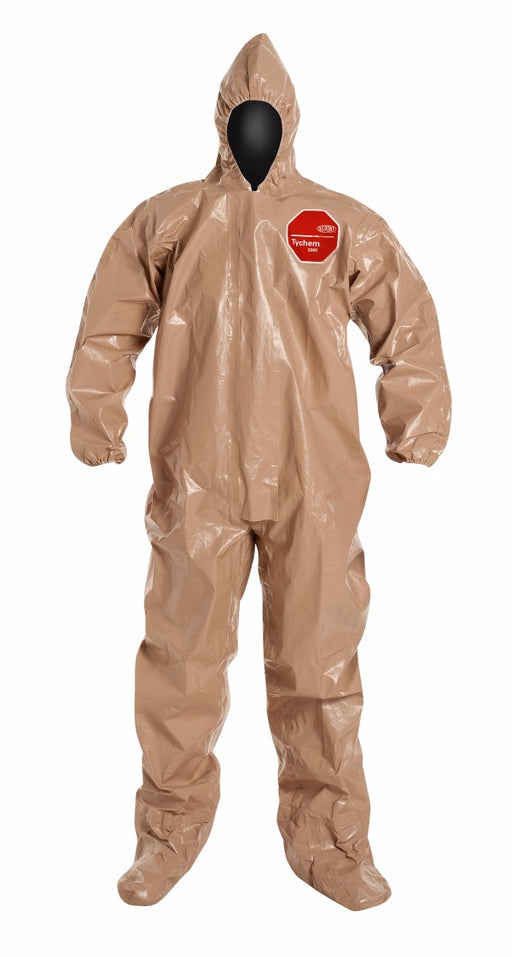 DuPont‚Ñ¢ 2X Tan SafeSPEC‚Ñ¢ 2.0 18 mil Tychem¬Æ CPF3 Chemical Protection Coveralls With Taped Seams, Adhesive Storm Flap Over Front Zipper Closure, Standard Fit Hood, Elastic Wrists, And Attached Socks
