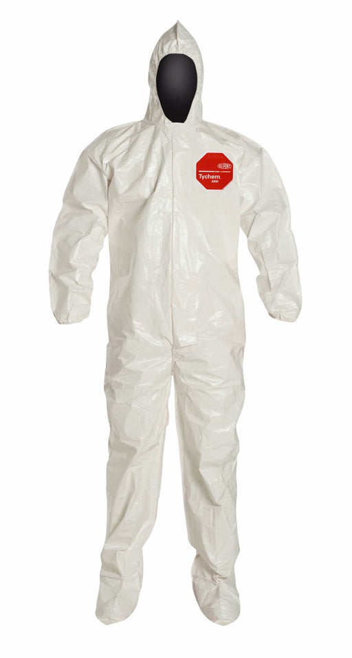 DuPont‚Ñ¢ 2X White SafeSPEC‚Ñ¢ 2.0 12 mil Tychem¬Æ SL Saranex‚Ñ¢ 23-P Film Laminated Chemical Protection Coveralls With Bounds Seams, Adhesive Storm Flap Over Front Zipper, Standard Fit Hood, Elastic Wrists, And Attached Socks