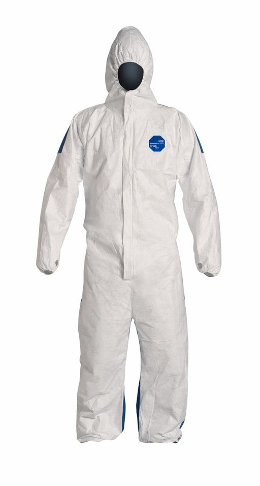 DuPont‚Ñ¢ 2X White And Blue TD127S WB 5.9 mils Tyvek¬Æ And ProShield¬Æ Chemical Protection Coveralls With Serged Seams, Storm Flap Over Front Zipper Closure, Hood, Elastic Wrist And Ankle
