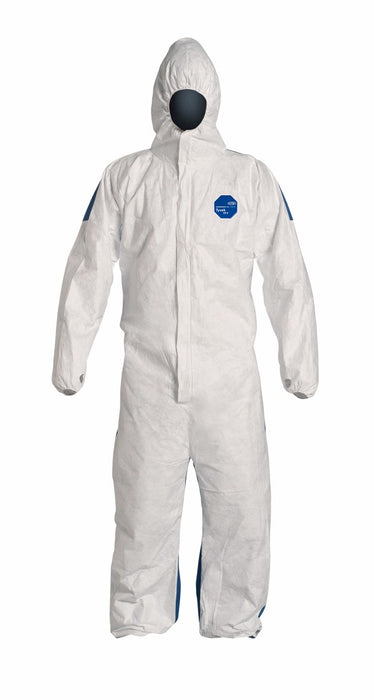 DuPont‚Ñ¢ 3X White And Blue TD127S WB 5.9 mils Tyvek¬Æ And ProShield¬Æ Chemical Protection Coveralls With Serged Seams, Storm Flap Over Front Zipper Closure, Hood, Elastic Wrist And Ankle