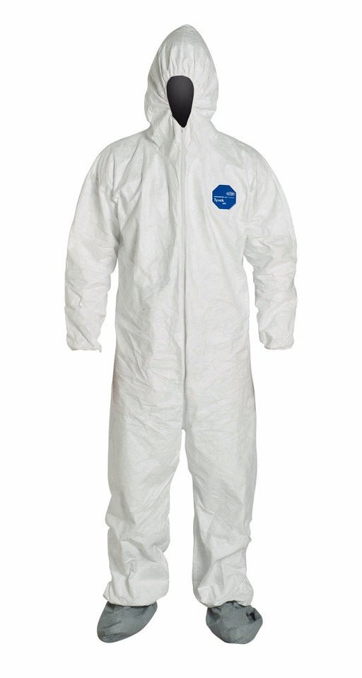 DuPontª 4X White SafespecªTyvek¨ Flash Spun Polyethylene Disposable Coveralls With Front Zipper Closure, Respirator Fit Hood, Elastic Waist, Skid Resistant Boots And Serged Seams