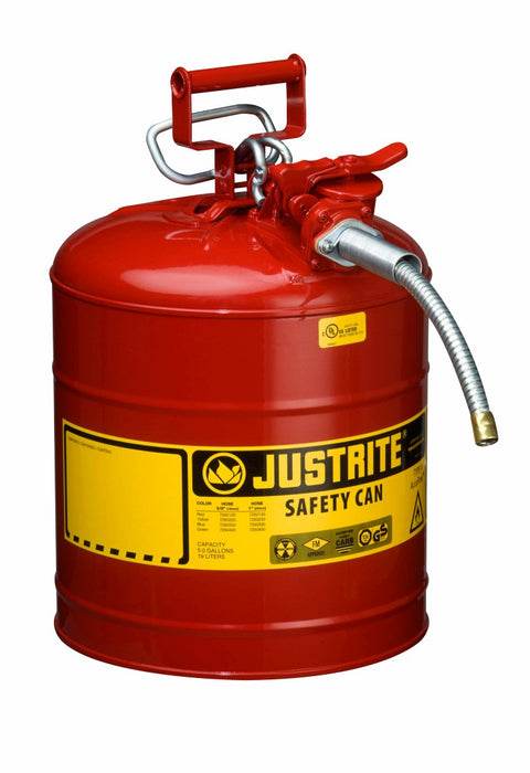 Justrite¬Æ 5 Gallon Red AccuFlow‚Ñ¢ Galvanized Steel Type II Vented Safety Can With Stainless Steel Flame Arrester And 5/8" Metal Hose (For Flammable Liquids)