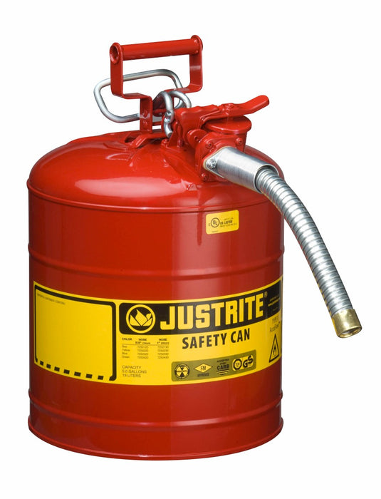 Justrite¬Æ 5 Gallon Red AccuFlow‚Ñ¢ Galvanized Steel Type II Vented Safety Can With Stainless Steel Flame Arrester And 1" Metal Hose (For Flammable Liquids)
