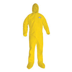 Kimberly-Clark Professional* Large Yellow KleenGuard* 1.5 mil Polpropylene Polyethylene A70 Level B/C Chemical Protection Coveralls With Bound Seams, Storm Flap Over Front Zipper, Hood, Boots, Elastic Wrists And Attached Boots