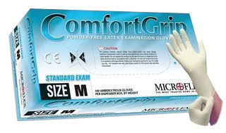 Microflex¬Æ Medium Natural 9 1/2" ComfortGrip¬Æ 5.1 mil Latex Ambidextrous Non-Sterile Exam or Medical Grade Powder-Free Disposable Gloves With Textured Finish, Standard Examination Beaded Cuff And Polymer Coating(100 Each Per Box)