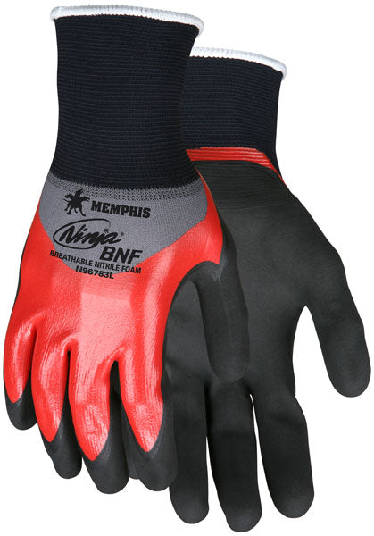 Memphis Glove Large Ninja¬Æ 18 Gauge Red And Black Breathable Foam Nitrile Palm, Finger And Knuckle Coated Work Glove With Gray Nylon And Spandex Liner And Knit Wrist