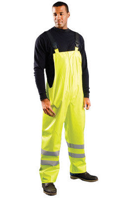 OccuNomix Medium Yellow Premium PVC Coated Modacrylic And Cotton Jersey Flame Resistant Rain Bib Pants With Side Snap Closure And 3M Scotchlite Reflective Stripe