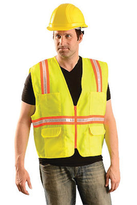 OccuNomix 2X Hi-Viz Yellow OccuLux¬Æ Classic‚Ñ¢ Economy Woven Twill Solid Polyester Two-Tone Surveyor's Vest With Front Zipper Closure And 3/4" White Gloss Tape Backed by Orange Trim And 9 Pockets