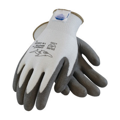 Protective Industrial Products¨ Large GREAT WHITE¨ 13 Gauge Medium Weight Cut Resistant Gray Polyurethane Palm And Fingertip Coated Work Gloves With White Seamless Liner And Continuous Knit Cuff