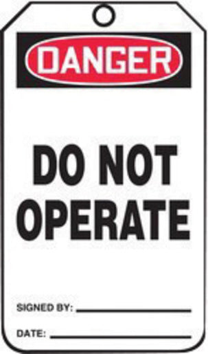 Accuform Signs¬Æ 5 3/4" X 3 1/4" Black, Red And White HS-Laminate English Accident Prevention Tag "DANGER DO NOT OPERATE" With Pull-Proof Metal Grommeted 3/8" Reinforced Hole, Do Not Remove Tag Warning On Back And Standard Back B (25 Per Pack)