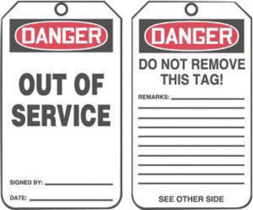 Accuform Signs¬Æ 5 3/4" X 3 1/4" Red, Black And White HS-Laminate English Two Sided Safety Tag "DANGER OUT OF SERVICE/DANGER DO NOT REMOVE THIS TAG! REMARKS ‚Ç¨¬¶" With Pull-Proof Metal Grommeted 3/8" Reinforced Hole And Standard Back B