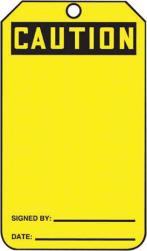 Accuform Signs¬Æ 5 3/4" X 3 1/4" Black And Yellow HS-Laminate Accident Prevention Blank Tag "CAUTION" With Pull-Proof Metal Grommeted 3/8" Reinforced Hole And OSHA Header (25 Per Pack)