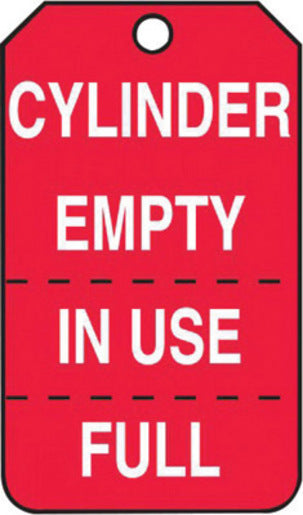 Accuform Signs¬Æ 5 3/4" X 3 1/4" White And Red 15 mil RP-Plastic English, Perforated Cylinder Status Tag "CYLINDER EMPTY IN USE/FULL" With Metal Grommeted 3/8" Reinforced Hole (25 Per Pack)