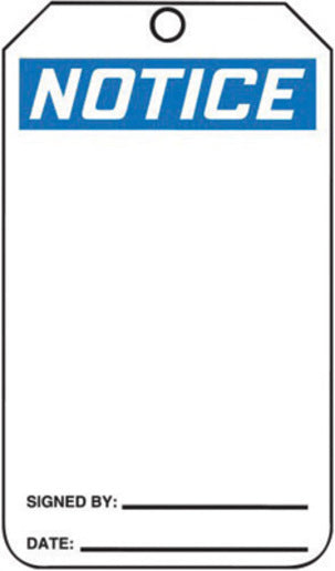 Accuform Signs¬Æ 5 3/4" X 3 1/4" Black, Blue And White HS-Laminate Accident Prevention Blank Tag "NOTICE" With Pull-Proof Metal Grommeted 3/8" Reinforced Hole And OSHA Header (25 Per Pack)