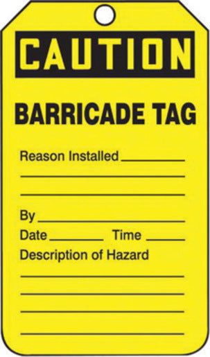 Accuform Signs¬Æ 5 3/4" X 3 1/4" Black And Yellow 15 mil RP-Plastic English Tag "CAUTION BARRICADE TAG" With Metal Grommeted 3/8" Reinforced Hole (25 Per Pack)