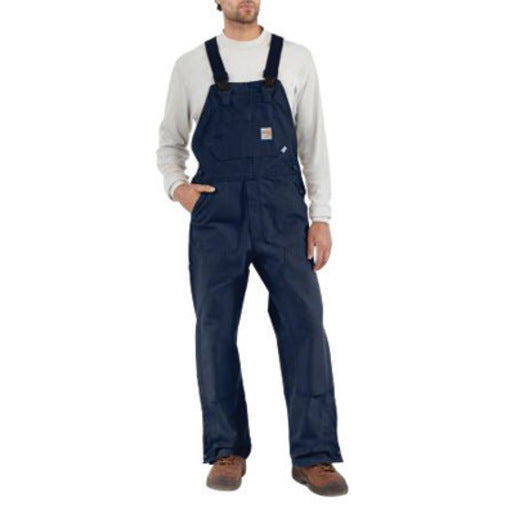 Carhartt Size 34" X 34" Dark Navy Cotton/Duck Flame-Resistant Bib Overalls With Zipper Closure And Ankle-To-Above Knee Brass Leg Zippers With Nomex Fr Zipper Tape And Protective Flaps With Arc-Resistant Snap Closures