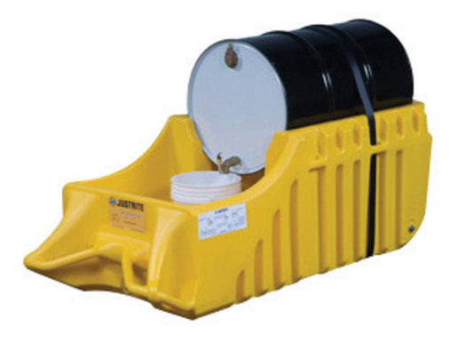 Justrite¬Æ 32" X 26" X 72" 66 Gallon EcoPolyBlend‚Ñ¢ Yellow Polyethylene Indoor And Outdoor Drum Caddy With Rubber Wheels (For Spill Containment)