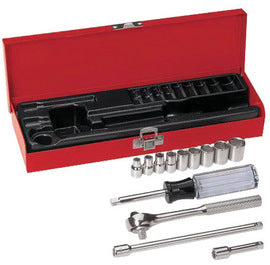 Klein Tools 1/4" 13 Piece Socket Wrench Set With (8) Socket, Spinner Handle, (2) Extensions, Ratchet And Hinged Metal Box