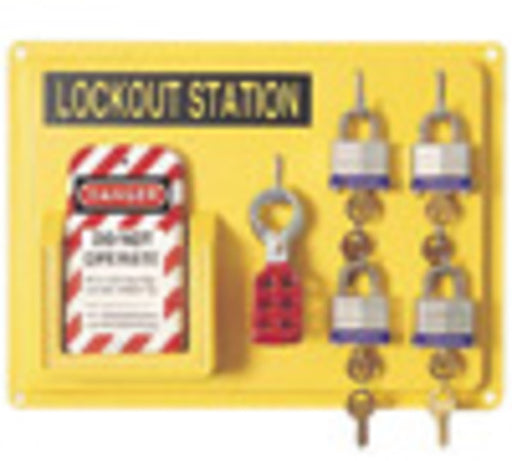 North¬Æ by Honeywell 14" Polystyrene Complete Lockout Station Includes (1) Panel, (4) 3D Wide Keyed Padlocks, (1) ElA290 Lockout Tags And (3) Hasps