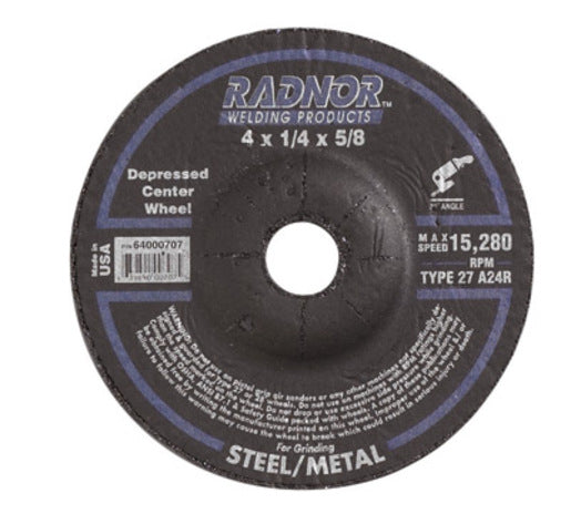 Radnor¬Æ 4" X 1/4" X 5/8" A24R Aluminum Oxide Type 27 Depressed Center Grinding Wheel For Use With Right Angle Grinder On Metal And Steel