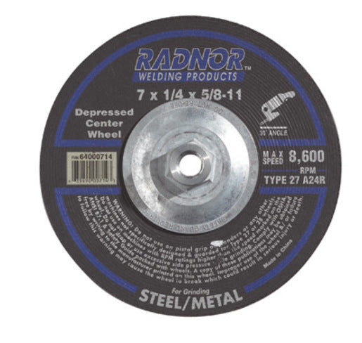 Radnor¬Æ 7" X 1/4" X 5/8" - 11 A24R Aluminum Oxide Type 27 Depressed Center Grinding Wheel For Use With Right Angle Grinder On Metal And Steel
