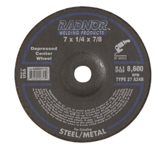 Radnor¬Æ 7" X 1/4" X 7/8" A24R Aluminum Oxide Type 27 Depressed Center Grinding Wheel For Use With Right Angle Grinder On Metal And Steel