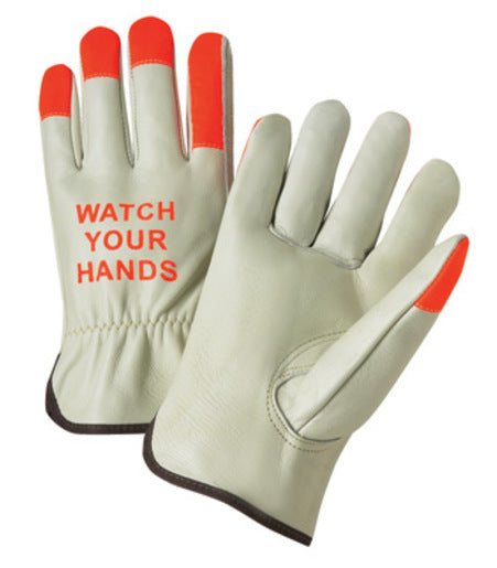 Radnor¬Æ Small Select Grain Cowhide Unlined Drivers Gloves With Keystone Thumb, Shirred Elastic Cuff, Hi-Vis Orange Fingertips And  "Watch Your Hands" Logo On Back