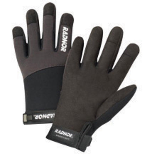 Radnor¬Æ Medium Black And Gray Full Finger Synthetic Leather By Clarion¬Æ And Spandex Light-Duty Mechanics Gloves With Hook And Loop Cuff, Spandex Back And Reinforced Fingertips
