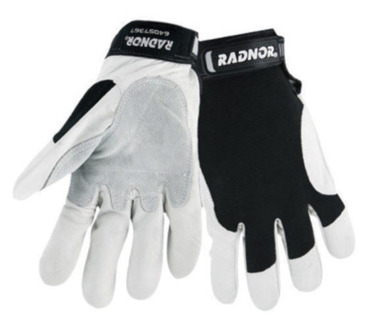 Radnor¬Æ 2X Full Finger Grain Goatskin Mechanics Gloves With Hook And Loop Cuff, Leather Palm And Thumb Reinforcement, Spandex Back And Reinforced Fingertips