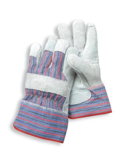 Radnor¬Æ Ladies Economy Grade Split Leather Palm Gloves With Safety Cuff, Striped Canvas Back And Reinforced Knuckle Strap, Pull Tab, Index Finger And Fingertips